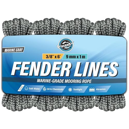 Image of WavesRx Premium Fender Line 3 /8'' x 6' (4 Pack) | Double Braided Nylon Boat Dock Lines and Ropes for Docking Buoys & Fenders | Marine Dock Ropes for Boats, Pontoons | Boat Ropes for Docking with Loop