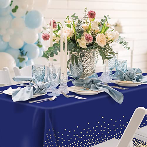 Image of 12 Pcs Navy Blue Plastic Tablecloth Gold Dot Blue Table Cloth, 54x108 inches Disposable Gold Dot Confetti Dark Blue Table Cover for Anniversary, Friendsgiving, Fine Dining, Graduation Party Decoration