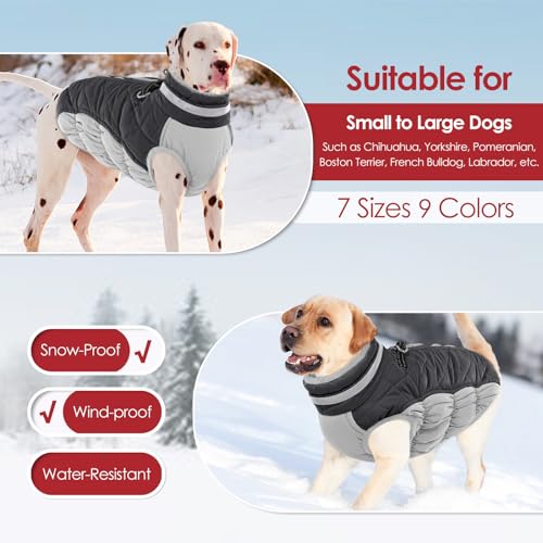 AOFITEE Wintermantel für große Hunde, Wasserdicht Hundemantel Hundejacke Mittelgroße Hund mit Geschirr, Winddichter Winter Hunde Jacket mit Reißverschluss, Warme Outdoor Hundebekleidung, L Grau
