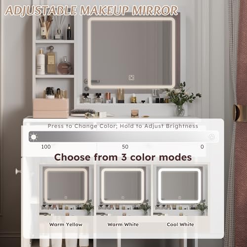 Dressing Table Set, Large Storage Space vanity with Mirror, Power Outlet, Makeup Vanity Bench with 2 Drawers Cushioned Stool for Beauty Storage & Cosmetics, Vintage Vanity Desk for Women (White) - Thumbnail 2