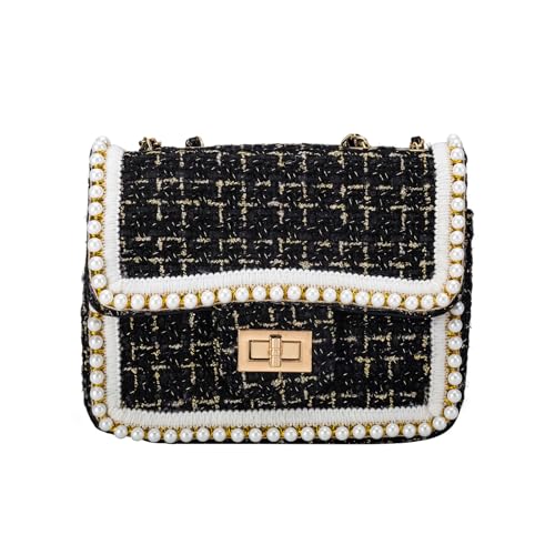 Crossbody Bag Clutch for Women Small Handbag Vintage Tweed Pearl Chain Purse Evening Satchel Shoulder Bag Cross body