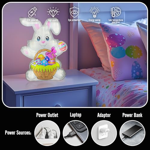 Image of Allenjoy Spring Easter Bunny Rabbit Basket Eggs Night Light Up Box for Kids Gifts USB Powered Lamp Lightbox Bedroom Room Wall Art Table Desk Decorations Decor Sign