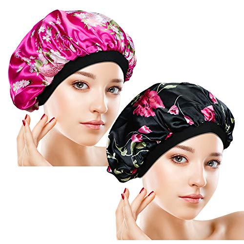 2PCS Breathable Satin Sleep Caps – Soft Night Bonnet with Wide Premium Elastic Band, Hair Loss Cap Sleeping Head Cover for Women
