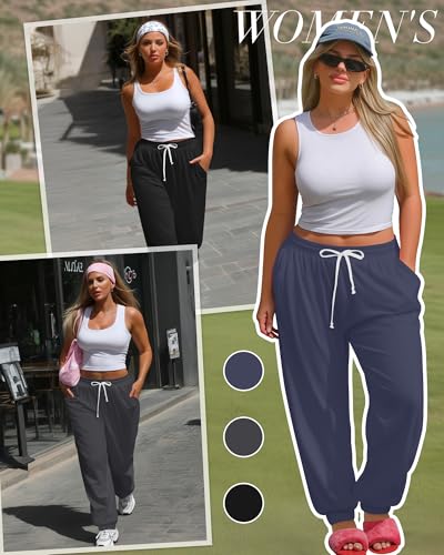 Neer 3 Pack Women's Plus Size Sweatpants Casual Loose Fit Drawstring Joggers Lightweight Athletic Lounge Pants with Pockets3