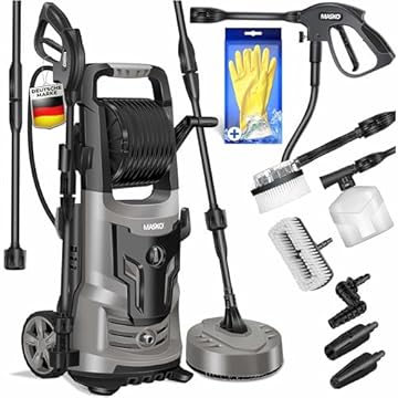 MASKO® Idropulitrice ad alta pressione 2200 Watt 165 bar 450 l/h, con bobina avvolgitubo da 10 m tubo 9.TLG. Accessori con bottiglia di sapone, pistola ad alta pressione per auto