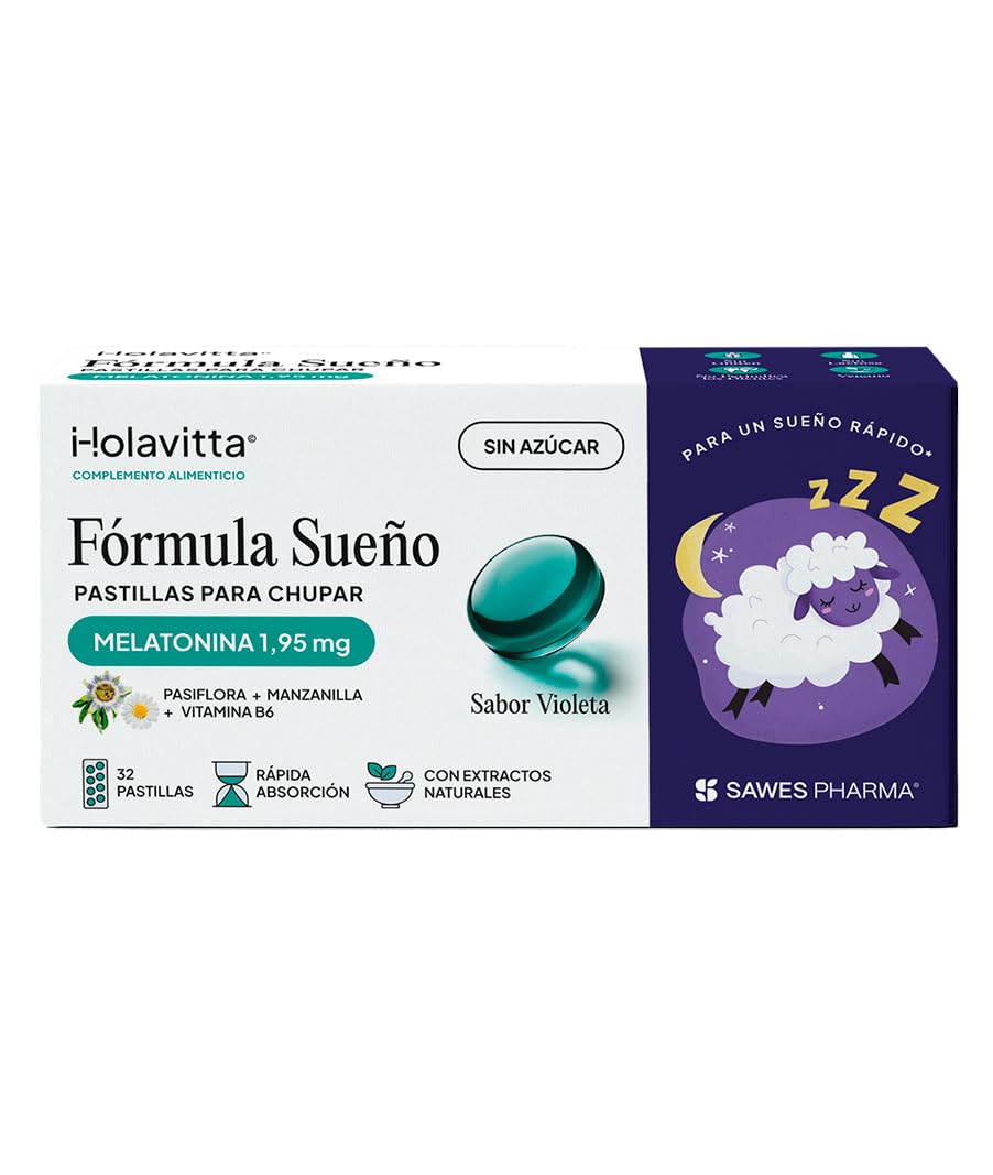 Fórmula Sueño con Melatonina 1,95 Gr, Pasiflora y Manzanilla sin Azúcar Sabor Violeta Descanso Natural y Bienestar Nocturno 32 Pastillas
