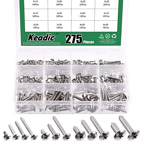 Keadic 275 Pcs 12 Sizes M3/M4/M5/M6 304 Stainless Steel Round Head Self Tapping Screws Assortment Set Phillips Drive Wood Screw Pan Head Sheet Metal Self-Drilling Screws