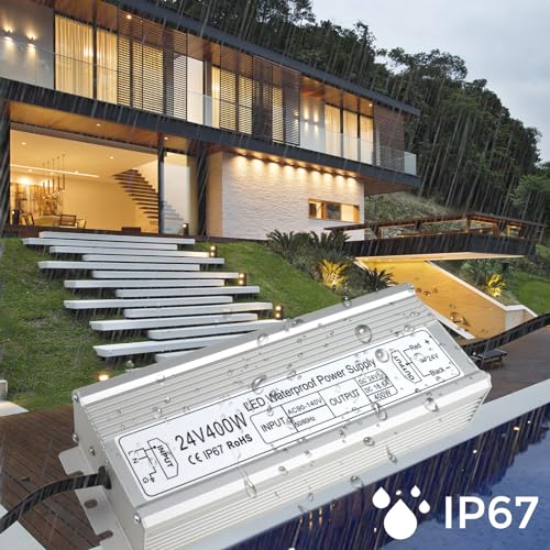 Image of LED Driver 400W 24V Power Supply, IP67 Waterproof Low Voltage Transformer, AC 90-140V to DC 24V 16.6A Converter for Outdoor Landscape Lighting, LED Strip Lights, 3-Prong Plug with 3.3FT Cable