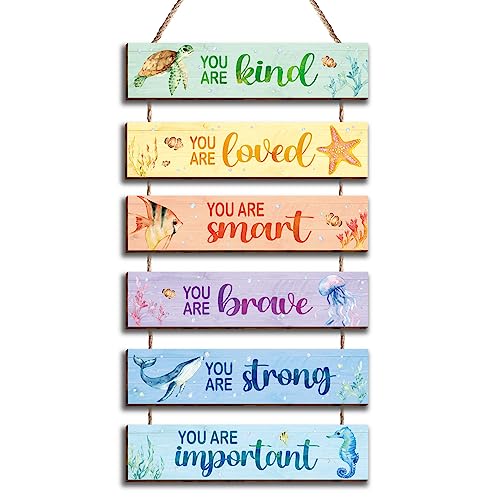 Image of Kadiak 6 Pcs Ocean Decor Kids Room Placards of Wood Decor, Watercolor Ocean Inspirational Positive Quotes Wall Art Hanging Sign for Kids Teens Children Bedroom Princess Toddler Room Nursery Dorm