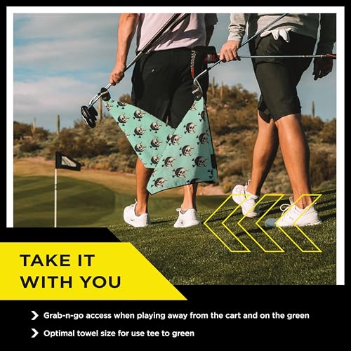 STICKIT Magnetic Seafoam Green Golf Towel with Golf Ball Skulls | Top-Tier Microfiber Golf Towel with Deep Waffle Pockets | Industrial Strength Magnet for Strong Hold to Golf Carts or Clubs