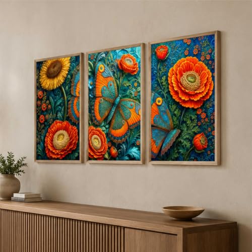 Image of Livin'luxe Set of 3 Butterfly Floral Wall Paintings for Living Room Bedroom Home Decor with Premium Wooden Color Synthetic Frame, Colorful Nature Art (13.5 x 19.5 Inch) NM03-73