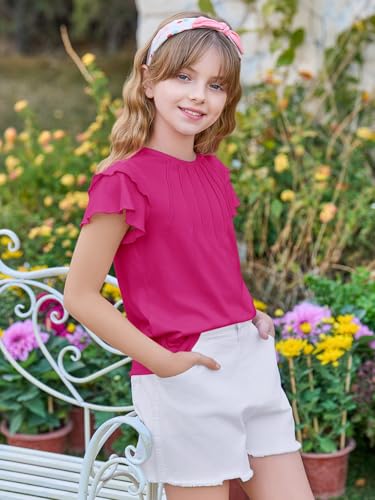 Image of Haloumoning Girls Pleated Ruffle Short Sleeve Shirts Kids Summer Crewneck T-Shirts Fashion Tops Tees 5-14 Years