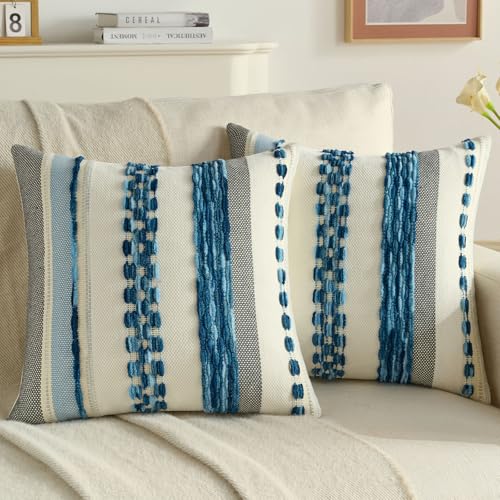 Ystyle Juego de 2 Boho Funda Cojin 50x50, Fundas Cojines Decorativa con Rayas y Textura Tufted Suave, Fundas de Cojines para Decoración del Hogar Sofá Dormitorio, Azul Oscuro