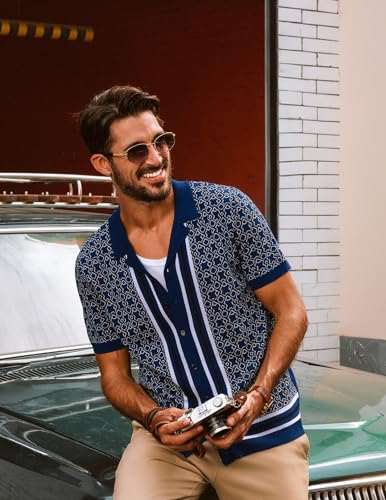 PJ PAUL JONES Mens 70S Shirts Vintage Shirts Button Down Cuban Collar Knitted Polo Shirt3