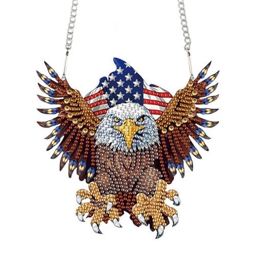 Image of DIY Diamond Art Hanging Kits for Adults, Patriotic American Flag Owl Special Shaped Crystal Diamond Painting Ornament, Acrylic Window Suncatcher Pendant with Chain for 4th of july Home Decor Gift