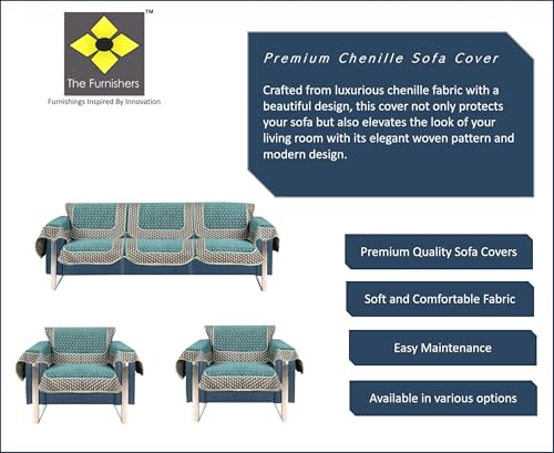 Image of Premium Chenille Woven Anti-Slip 5 Seater Sofa Cover with Armt Rest | L-Shape Sofa Seat Protector for Living Room | Durable & Stylish Slipcover - Turquoise - 3D