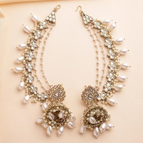 Image of Zeneme Traditional Gold Plated White Kundan Pearl Beaded Jhumkas With Multi Layered Ear Chain Earrings for Women & Girls