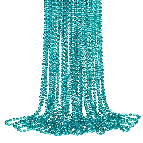 SAIAOKJ 16pcs Teal Plastic Round Beaded Necklaces, 33inch Mardi Gras Party Decoration Supplies
