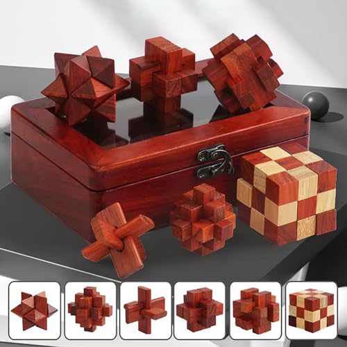 RoseFlower 6 Pcs Brain Teaser Puzzles Set, 3D Wooden puzzles, Fun IQ logic games, Assembly Disentanglement Puzzles Interlocking Lock Games, Xmas novelty gifts with Premium Wooden Box - Image 3