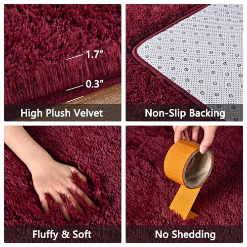 FALARK Soft Wine Red Runner Rugs for Bedroom, 2x6 ft Bedside Rug Plush Fluffy Carpets, Shag Furry Modern Area Rug Carpet for Living Room Girls Kids Room Nursery Home Decor, Wine Red by FALARK - Image 4