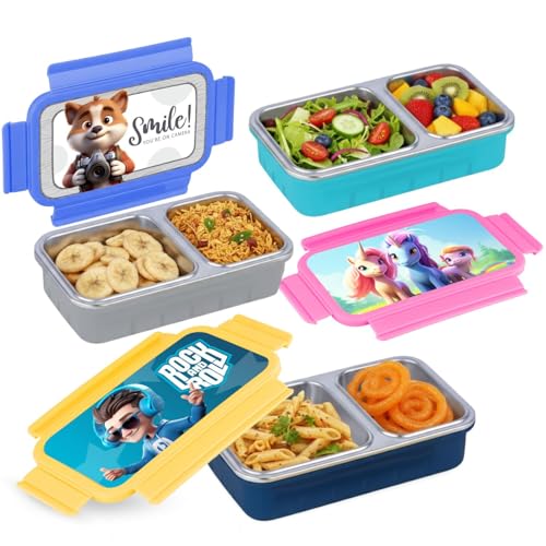 Image of Aliensware 4D Bento Kids Lunch Box with 2 Compartment, Microwave-Safe BPA Free Advance Coating Stainless Steel Kids Lunch Box, Food Grade Tiffin Box for School, College, Picnic, office-500ml(MB02-YEL)