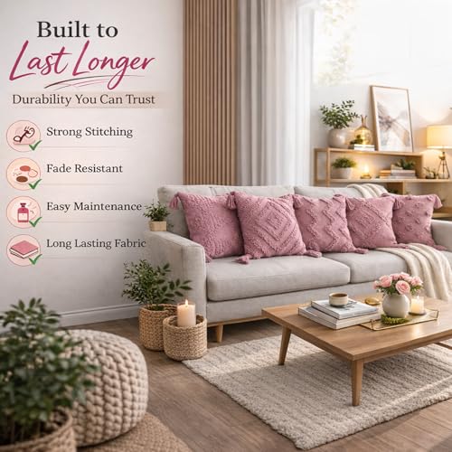 Image of SILK & YANA 16x16 Cotton Cushion Covers Set of 5 | Hand-Tufted Decorative Throw Pillow Covers with Boho, Geometric & Textured Designs | Tassel-Trimmed Covers for Sofa (Blush-Pink)