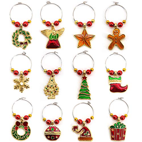 Skystuff 12 colgantes para copas de vino, 12 estilos, etiquetas para copas de vino, para decoración de mesa de Navidad, fiesta, bar, 12 unidades