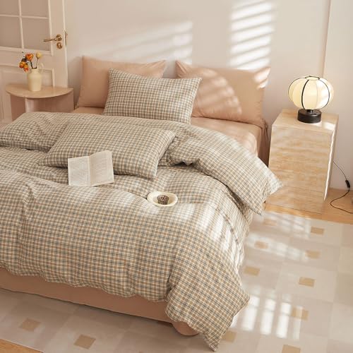 Image of EAVD Retro Tan Gingham Duvet Cover Queen Khaki Brown Grid Plaid Bedding Set Soft 100% Washed Cotton Like Linen Feel Soft 3-Piece Brown Vintage Checkered Plaid Duvet Cover with Zipper Closure