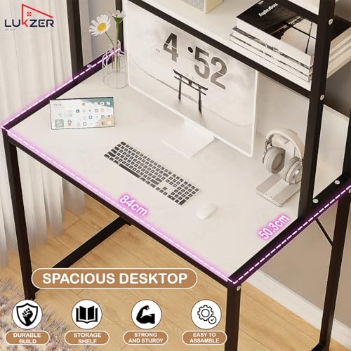 Image of Lukzer 3-Layer Standing Computer Desk with Built-in Bookshelves & Storage Units | Engineered Wood & Metal Study Table for Home, Office, Students (MST-006 / Black & White / 147x84x50cm)