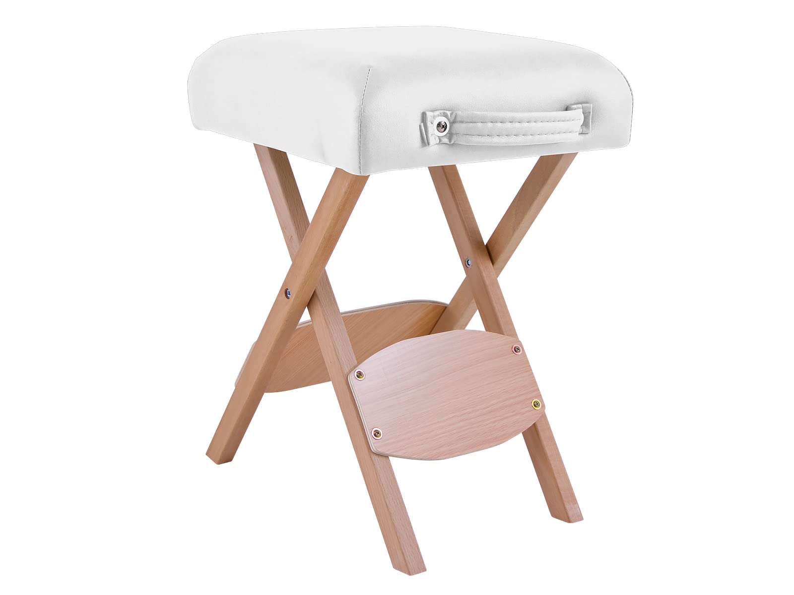 QUIRUMED Taburete Plegable de Madera con Asiento, Tapizado en Color Blanco, Multiusos, Mesa Auxiliar, Reposapiés, Polipiel, Transportable, hasta 100 kg, 33 x 33 x 48