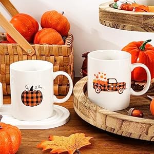Whaline 2Pcs Pumpkin Truck Mug Set 12oz Buffalo Plaid Fall Coffee Mug Ceramic Couple Cups Autumn Harvest Party Cups for Thanksgiving Home School Office Table Centerpieces