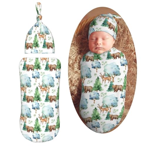 Image of Cute Animal Tree Bears Deer Newborn Swaddle Blanket with Beanie Hat Set Soft Baby Receiving Blankets Swaddle Swaddle Blankets for Baby Boys and Girls