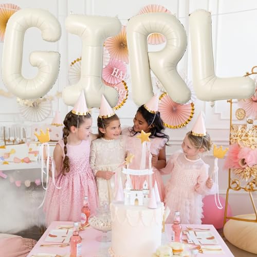 Image of 40 Inch Cream Girl Balloons, Large Beige Neutral Letters With Ribbon, Ivory White Sand for Her Birthday Baby Shower or Gender Reveal Party Decoration Supplies