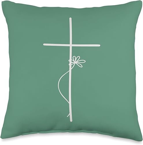 Cross With Flower Jesus Floral Minimalist Line Art Women Throw Pillow