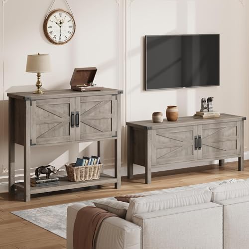 GarveeHome Farmhouse Entryway Table with 2-Door, Wood Console Table with Storage, Coffee Bar Cabinet, Sofa Tables Buffet Sideboard for Kitchen, Hallway, Dining, Living Room-Grey