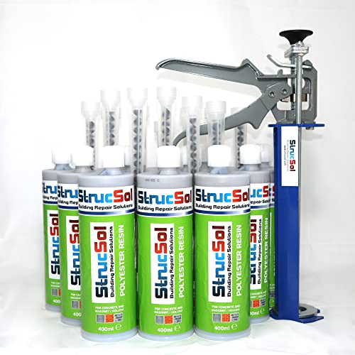 Strucsol Polyester Resin Kit for Crack Stitch Masonry Repair Anchor Fixing Bolt Fixing (x12 Resin with nozzles and Resin Gun)