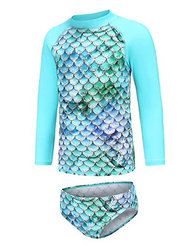 Image of Girls Two Piece Rash Guard Swimsuits Set Long Sleeve Bathing Suit with UPF 50+ Sun Protection Kids Sunsuits Swimwear Set