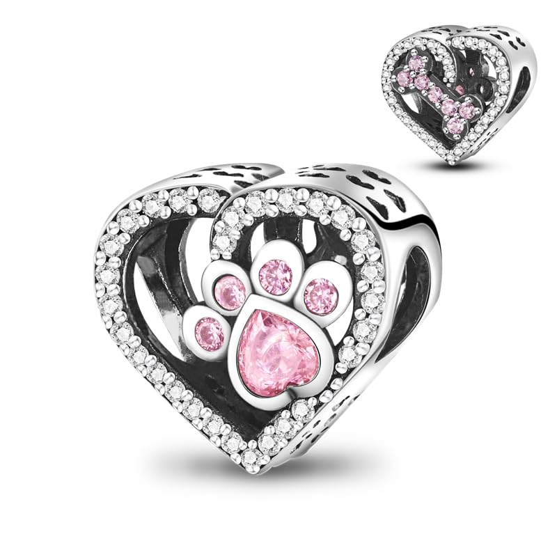 LMLMECREA Herz Charms Anhänger 925 Sterling Silber mit Rosa Hundepfote- Charm für Europäische Armbänder - Geschenk für Frauen