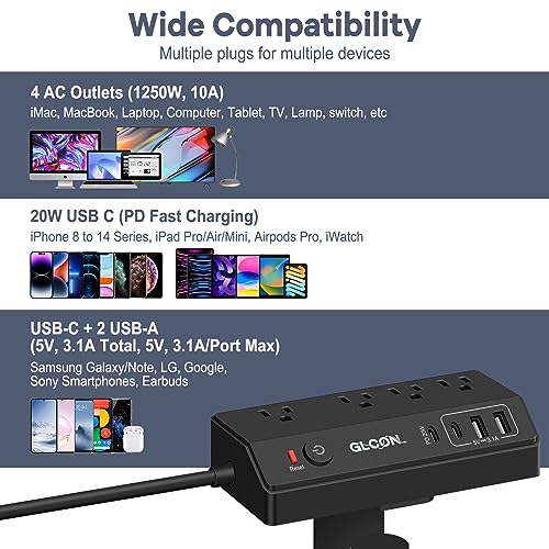 1050J 10' Glcon Desk Clamp Power Strip w/ 4 AC Outlets, 20W USB-C Fast Charging (Black or White) - image 8