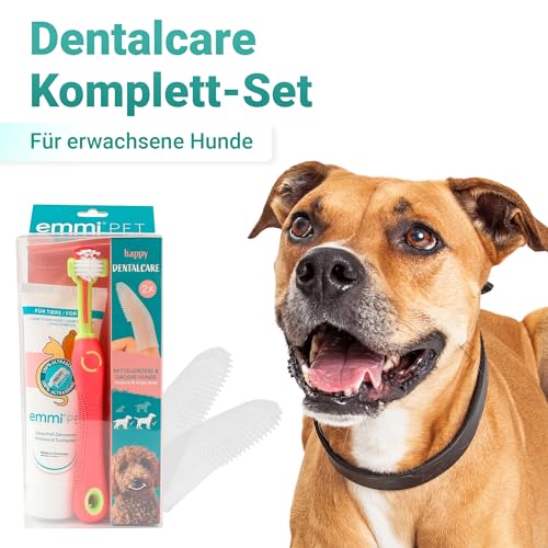 emmi-pet Zahnpflegeset für Hunde - 1x3köpfige Hundezahnbürste mit 1x Hundezahnpasta und 2x Fingerzahnbürste (Pink, Erwachsene - Senioren)