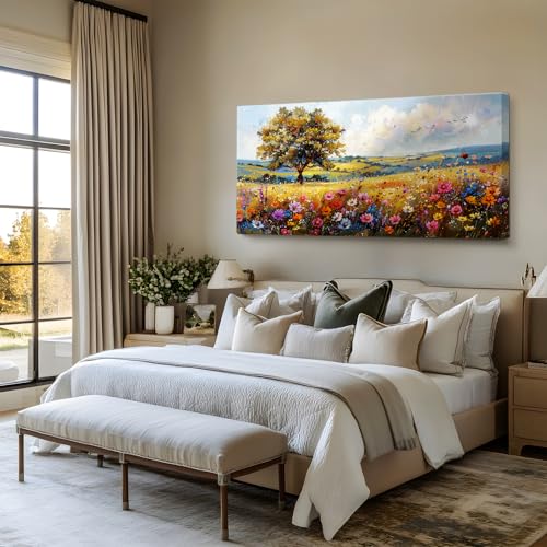 SERIMINO Rustic Landscape Large Wall Art, Tree Flower Sea Canvas Painting, Nature Country Scenery Art Prints, Bright Cottagecore Wall Pictures for Living Room Dining Room, Farmhouse Decor 30X60 Inch