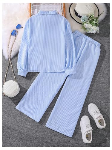 Image of MakeMeChic Girl's 2 Piece Outfit Striped Long Sleeve Button Down Shirts and Elastic Waist Pants Set Light Blue 9Y