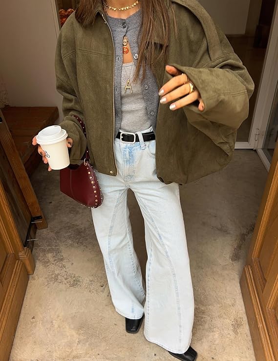 Womens Faux Suede Bomber Jacket Lapel Long Sleeve Motorcycle Cropped Coat Casual Oversized Coat Streetwear2