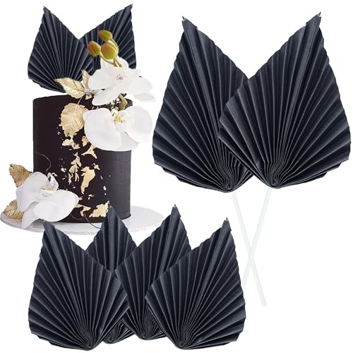 Gyufise 6Pcs Paper Palm Fan Cake Toppers Palm Spear Leaves Fan Cupcake Toppers Cake Insert Decorations Craft DIY Cake Bakeware Decoration for Birthday Party Wedding Party Decor Supplies Black