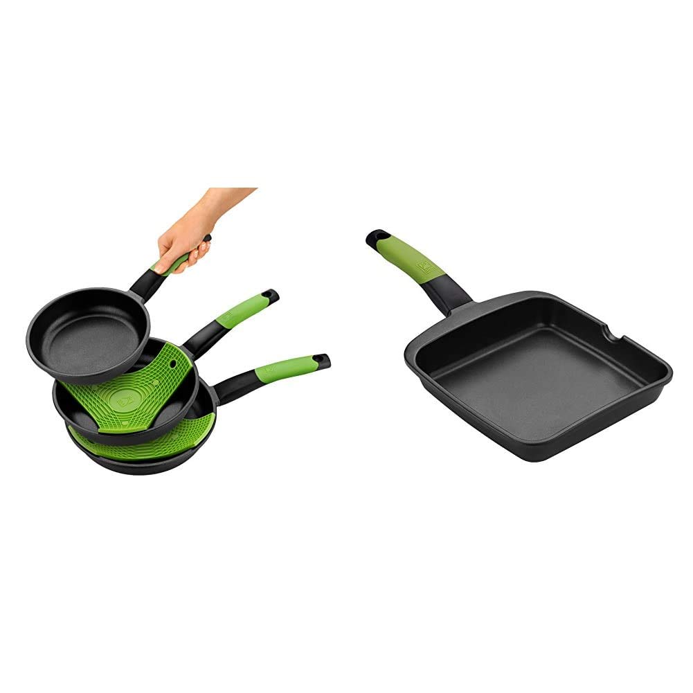 BRA Prior - Set de 3 sartenes, aluminio antiadherente, 18, 22 y 26 cm, incluye dos salvamanteles Safe verdes + PRIOR - Grill asador liso, aluminio fundido con antiadherente Teflon Classic, 28 cm