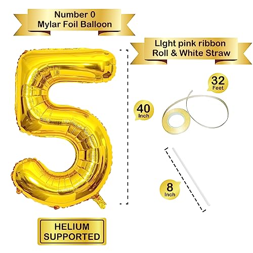 Image of 40 Inch Gold Number Balloons, Helium Mylar Foil Number Balloons for Birthday, Number 5 Balloon for 5st Birthday Decorations for Kids, Anniversary Party Decorations Supplies