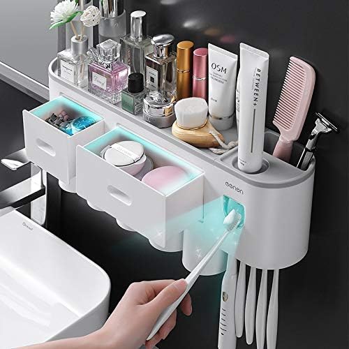 Toothbrush Holder with Automatic Toothpaste Squeezer, Wall-Mounted Bathroom Organizer