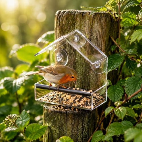 Image of Transparent Window-Side Feeder Feeder Easy to Install Suction Cup Bird Feeder for Balcony, Garden House Shape a W