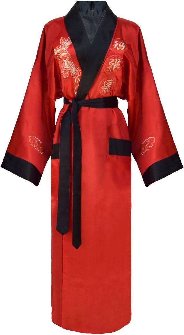 Vestaglia da Notte con Kimono Giapponese Ricamato Reversibile da Donna, Black/Red, S