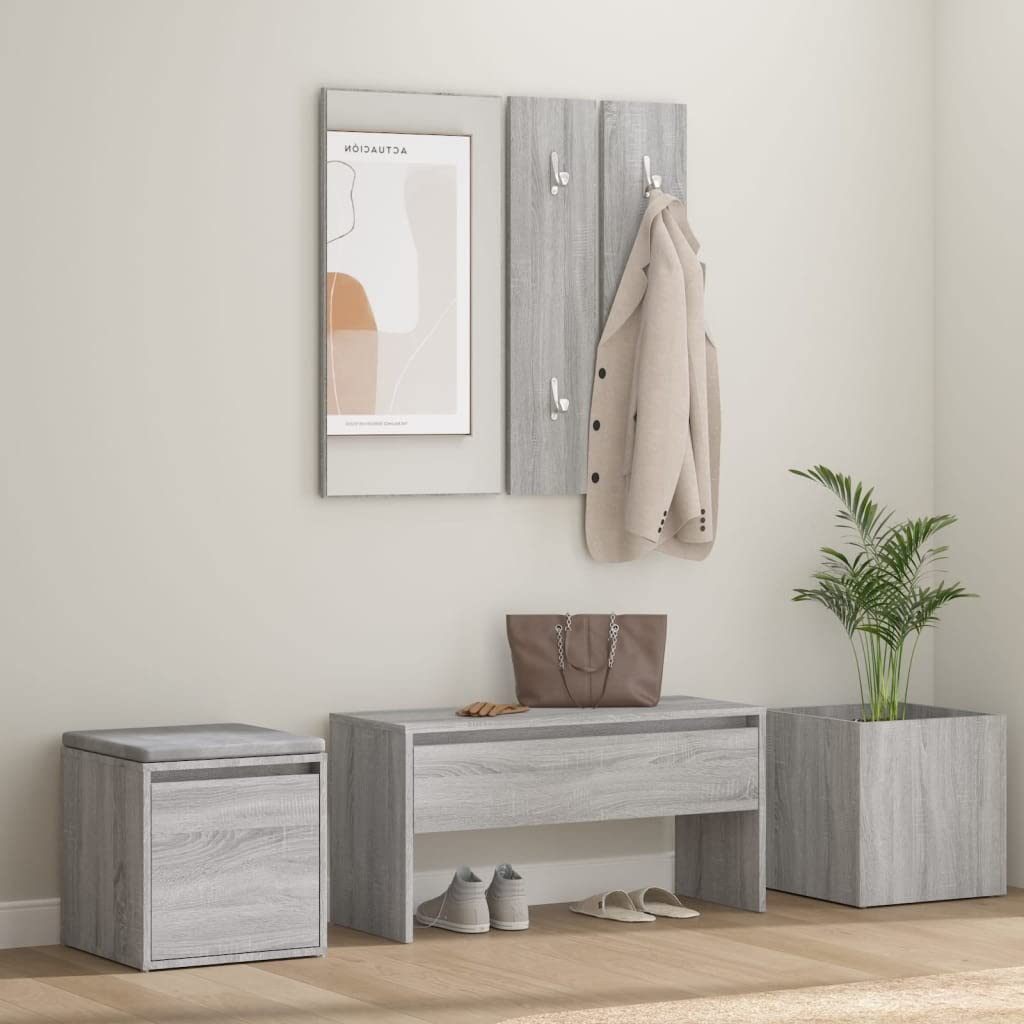 Juego de perchero gris Sonoma de madera 80 x 30,5 x 40 cm con espejo, caja de almacenamiento y jardinera, diseño moderno y robustez para pasillo, salón y dormitorio